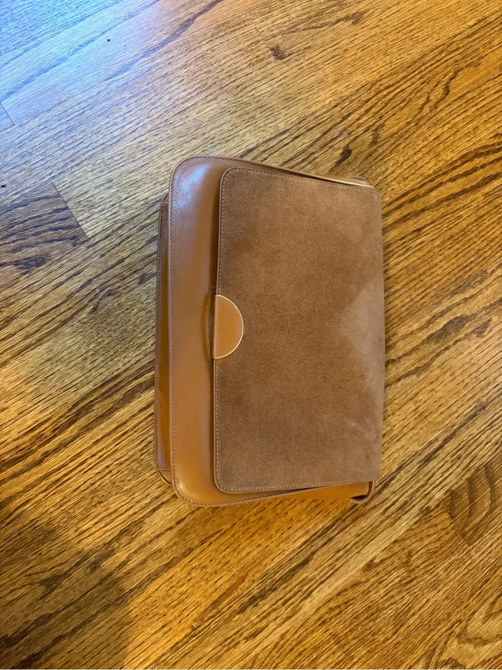 Cuyana Tan Suede and Leather Crossbody Bag with Gold Accent